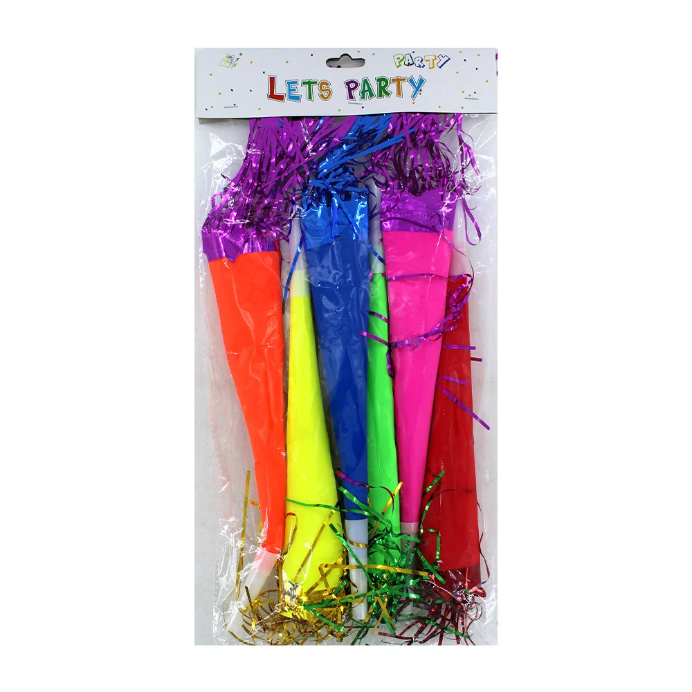 Paquete con 6 trompetas de cartulina en tonos fosforescentes y lluvia…