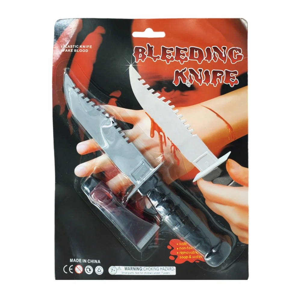 Blíster con cuchillo de plástico y mini frasco con sangre falsa para …