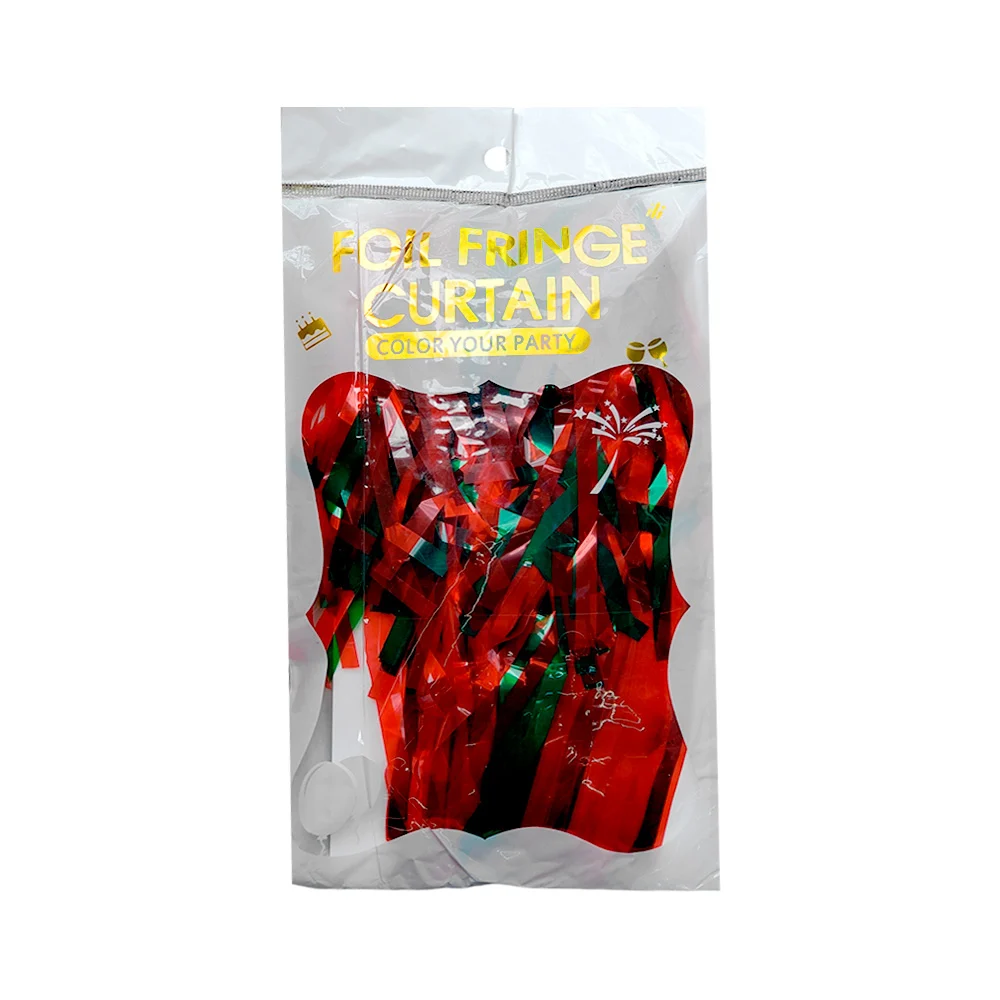 Cortina plastificada navideña en color rojo con verde / foil fringe c…