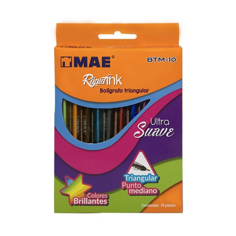 Caja con 10 plumas bolígrafos de colores en forma triangular de punto…