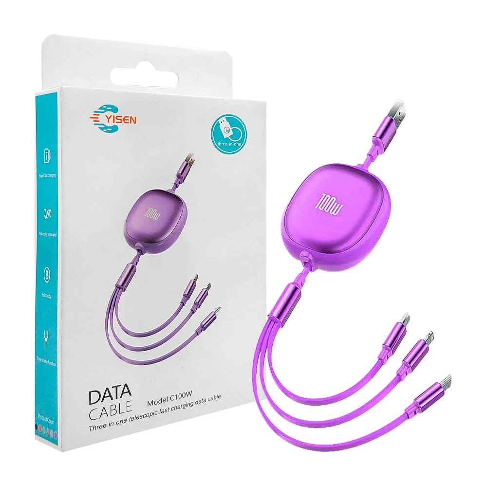 Cable cargador retráctil usb 3 en 1 yisen con entrada tipo c, v8 y li…