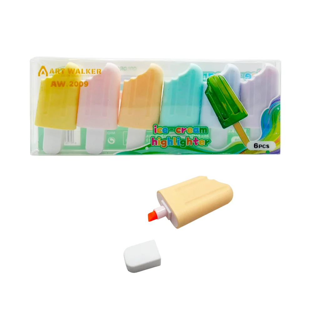 Caja transparente con 6 mini marcatextos, en forma de paleta helada c…