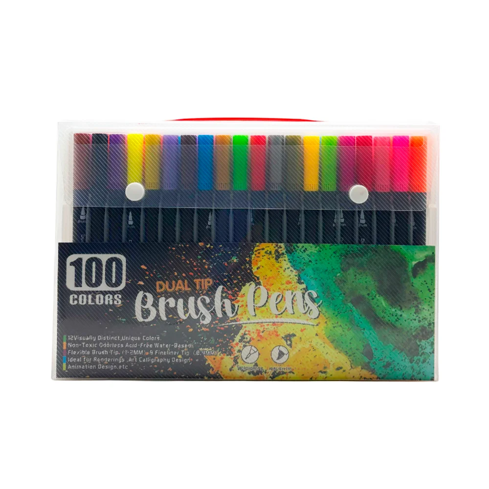 Estuche transparente con 100 marcadores estilo brocha, colores varios…