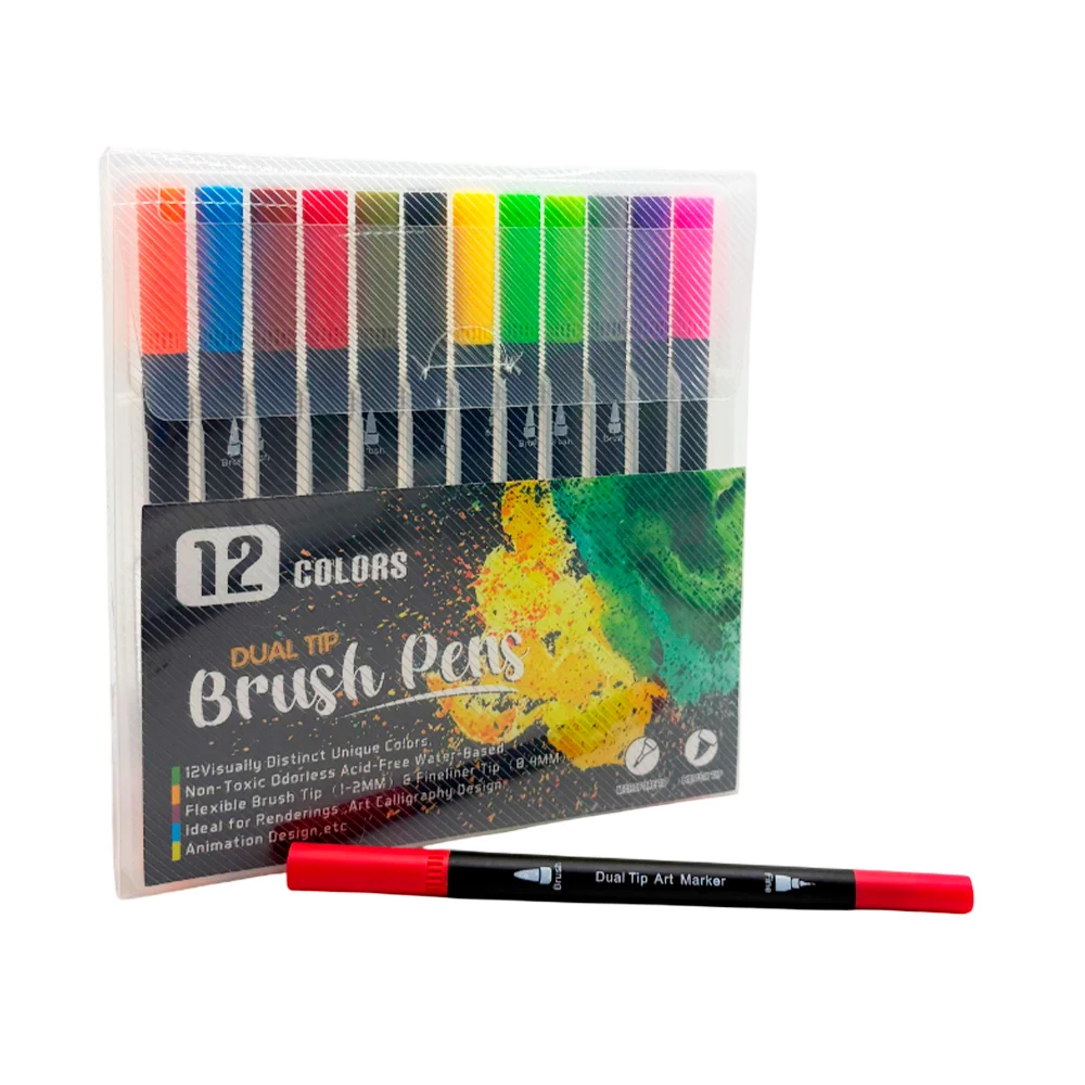 Estuche transparente con 12 marcadores estilo brocha, variedad / brus…