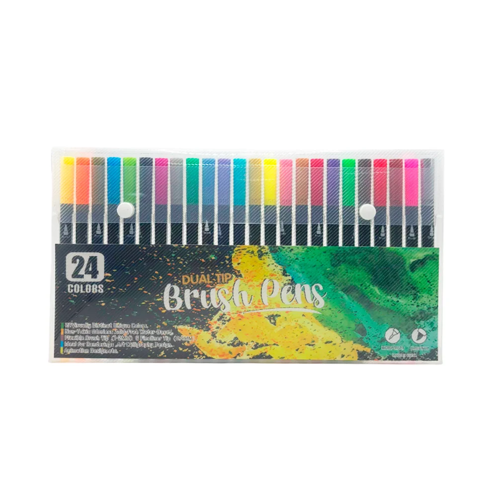 Estuche mediano con 24 marcadores estilo brocha, colores varios / bru…