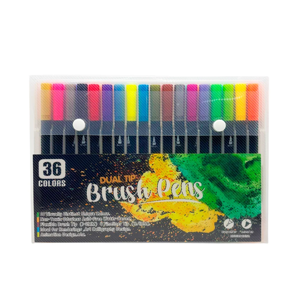 Estuche mediano con 36 marcadores estilo brocha, colores varios / bru…