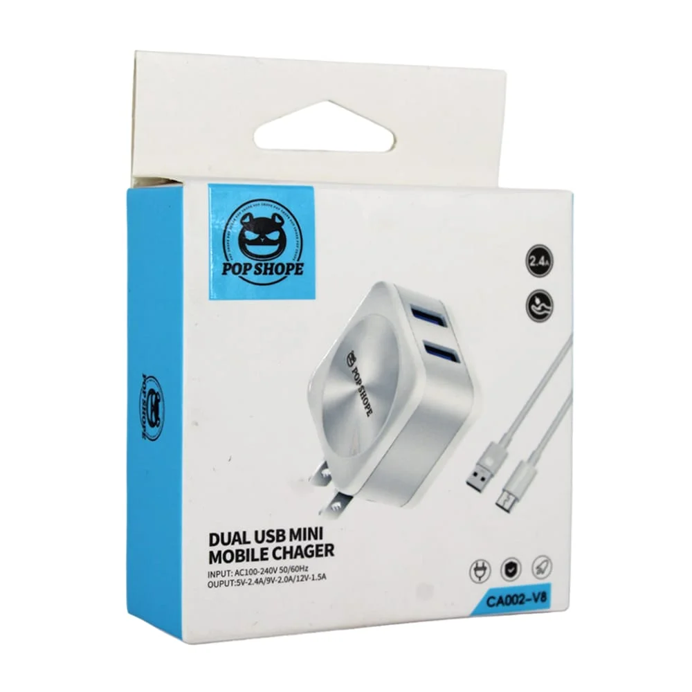 Combo cargador con 2 puertos usb y cable con entrada usb a v8, 2.4a, …