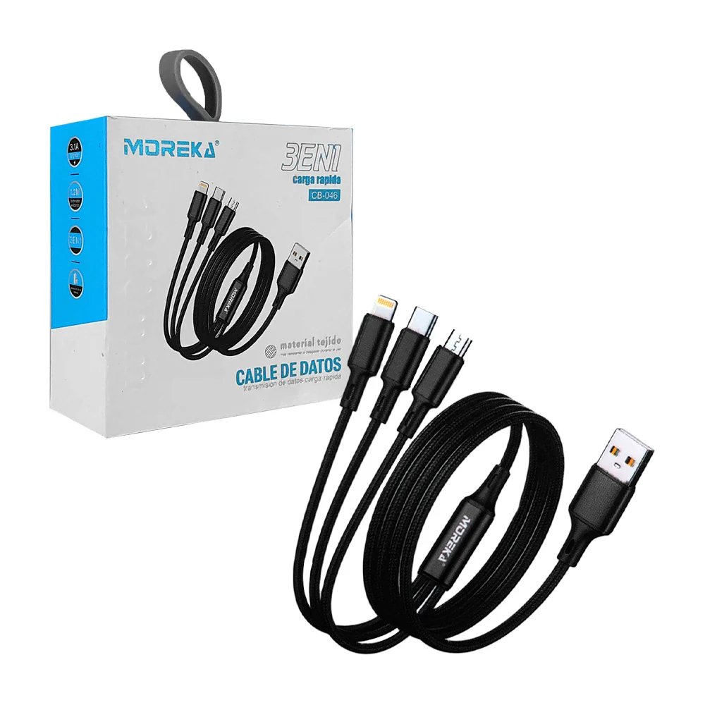 Cable usb 3 en 1 moreka de 1200mm con entrada tipo c, v8 y lightning …