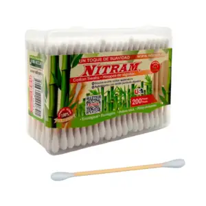 Caja transparente con 200 cotonetes de bambú con doble punta / nitram