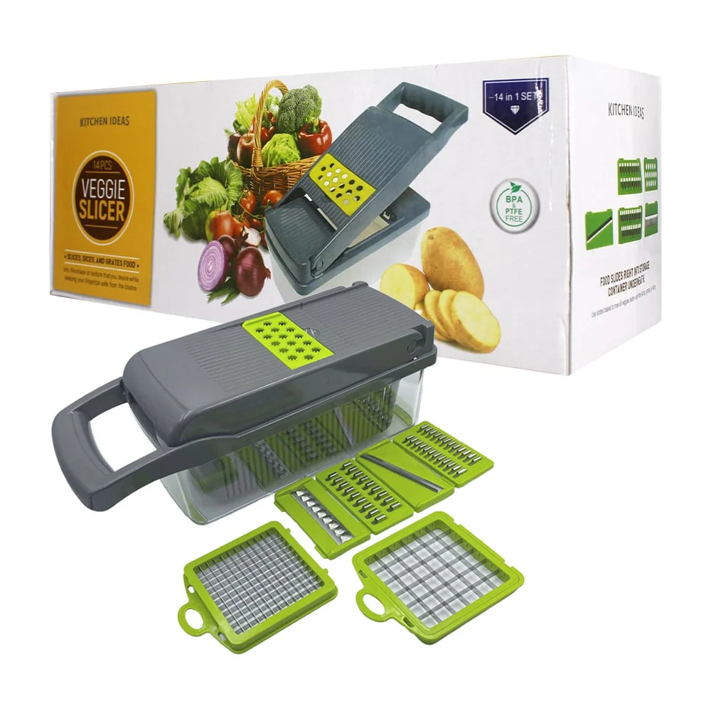 Cortador rallador de frutas y verduras 14 en 1 con cuchillas de acero…