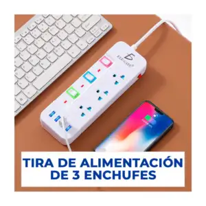 Barra multicontacto con 3 enchufes tomacorrientes y 4 puertos de carg…