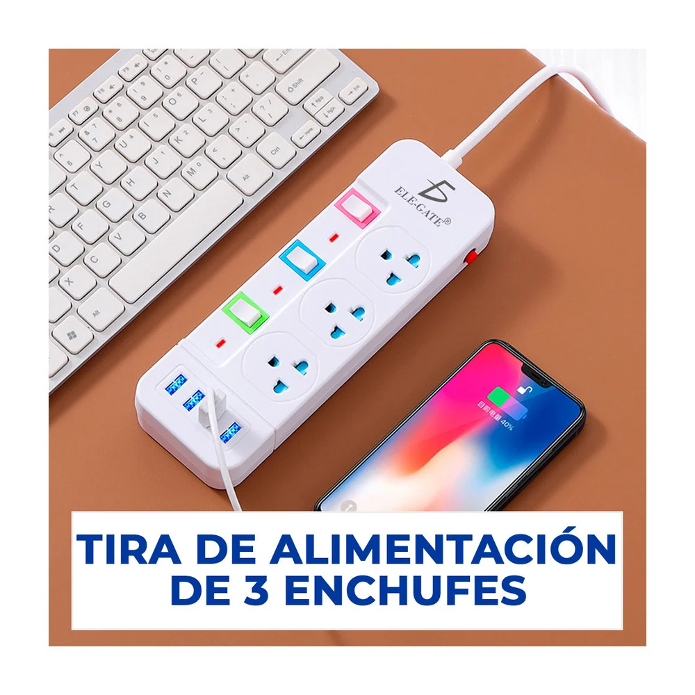 Barra multicontacto con 3 enchufes tomacorrientes y 4 puertos de carg…