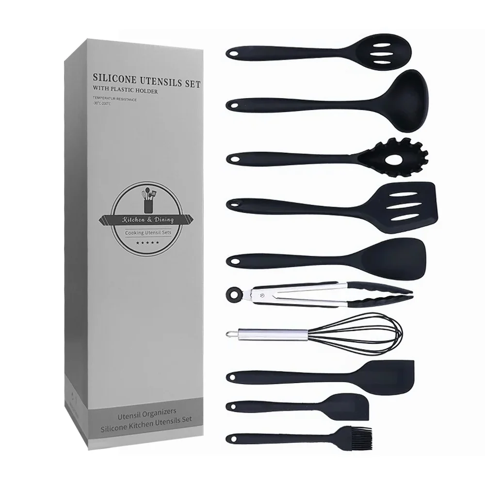 Juego con 10 utensilios de cocina, silicón de 21 hasta 30 cm, variedad de colores / silicone utensils set / cj-5081 / kitchen & dining
