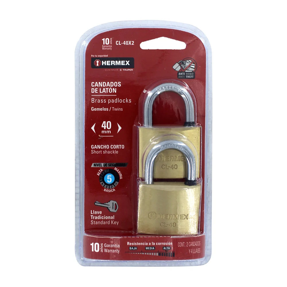 Paquete de 2 candados de laton con gancho corto de 40mm / cl-40 / 434…