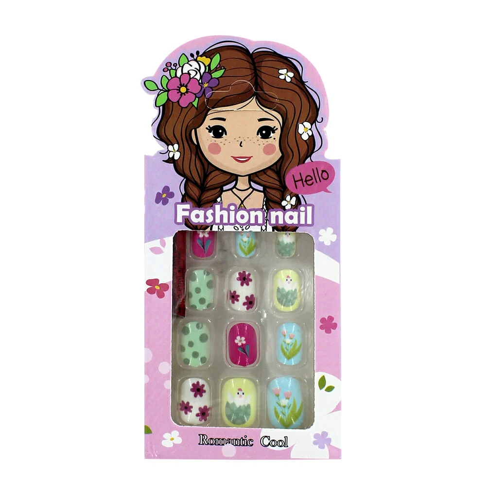 Caja con 12 uñas postizas romantic cool y pegamento, variedad de dise…