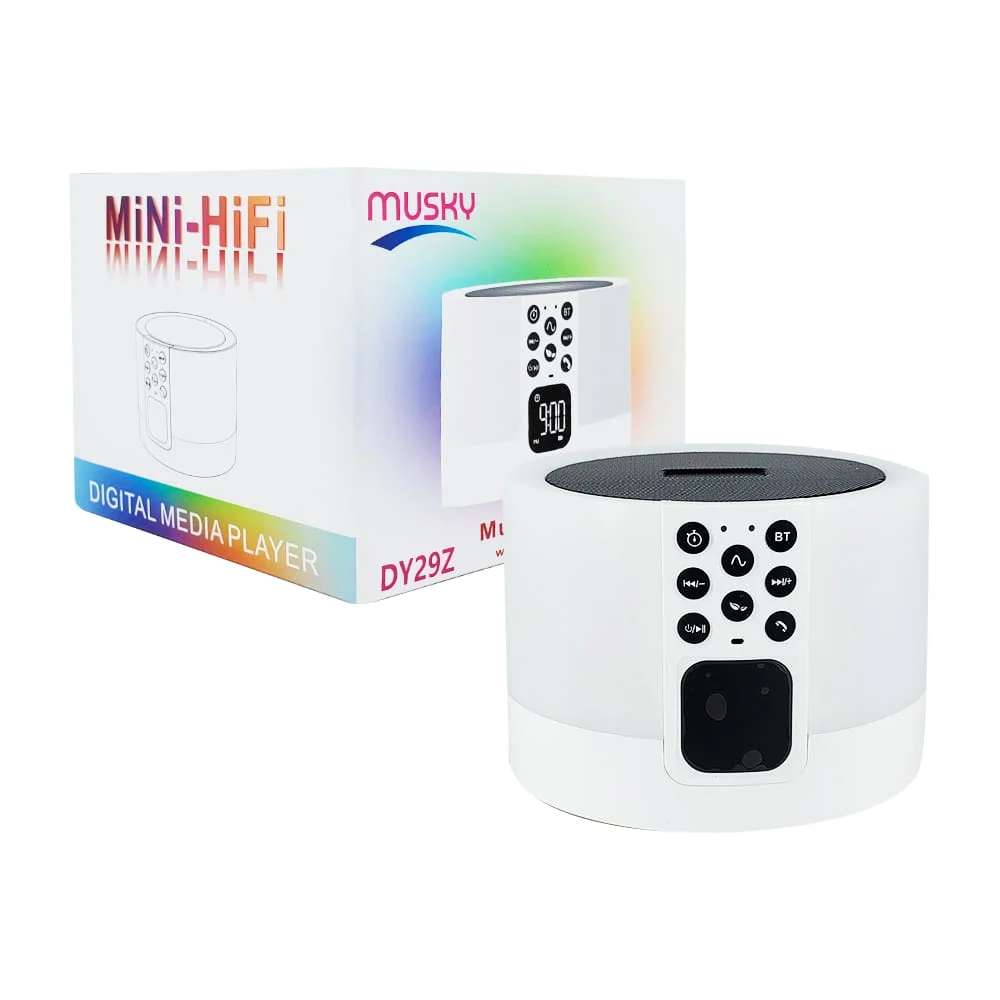 Bocina bluetooth redonda con reloj despertador, luz de noche intercam…