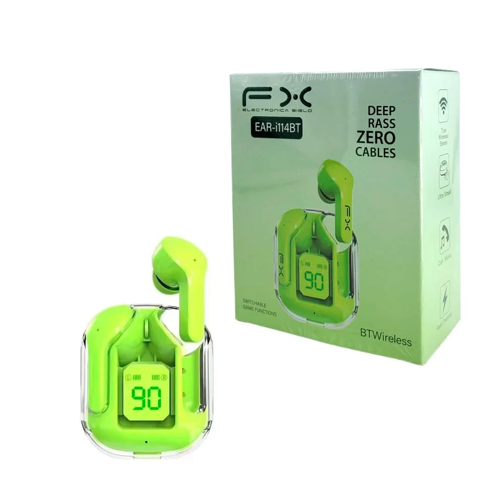 Audífonos inalámbricos de diseño ergonómico con estuche de carga con cubierta transparente, pantalla digital y bluetooth v5.3, variedad de colores / deep rass zero cables / ear-i114bt