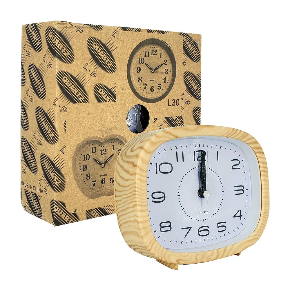 Reloj despertador cuadrado con marco en efecto madera, variedad de colores / l32