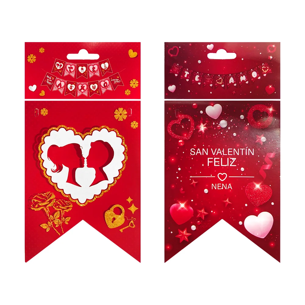 Banderín de san valentín con frase te amo y diseño de corazones, vari…