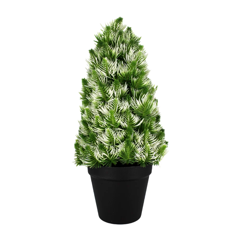 Maceta redonda con árbol pino artificial con detalles en color blanco…