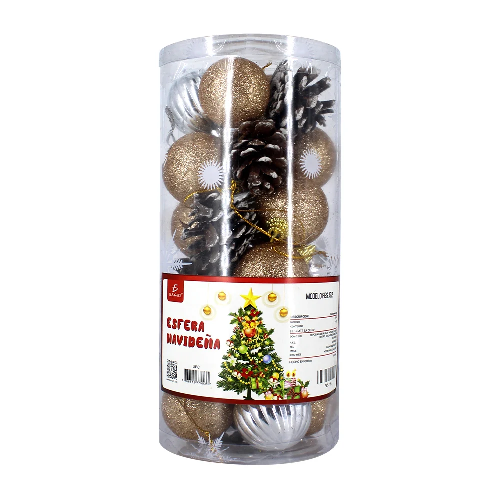 Paquete con 24 esferas navideñas en color dorado plateado y piñitas d…