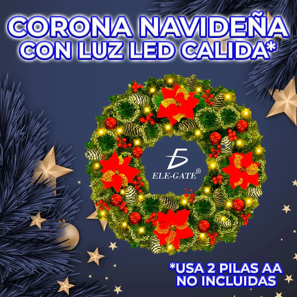 Corona navideña decorativa ele-gate con adornos de escarcha, nochebue…