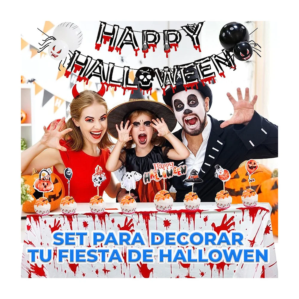 Kit de decoración para fiesta de halloween con variedad de globos, adornos móviles y tira cadena para globo