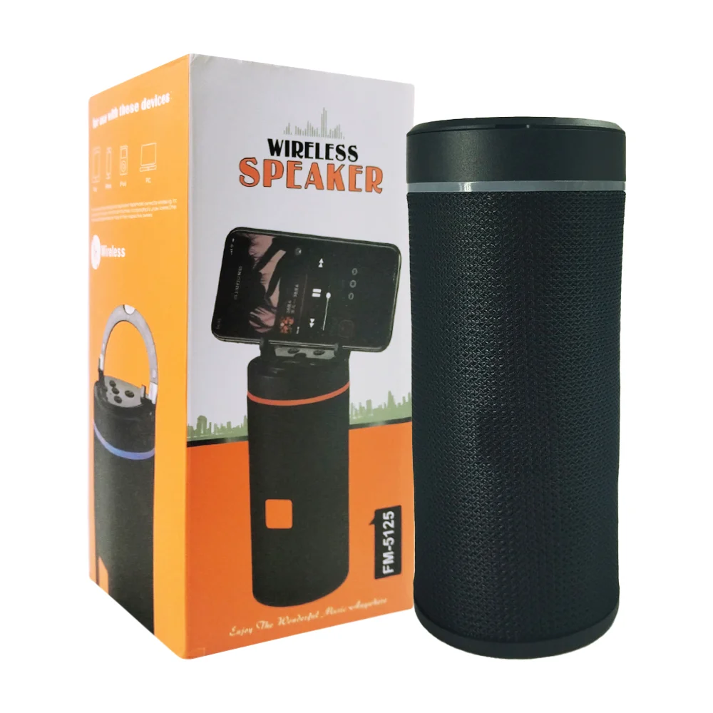 Bocina bluetooth portátil cilíndrica con soporte para celular + puert…