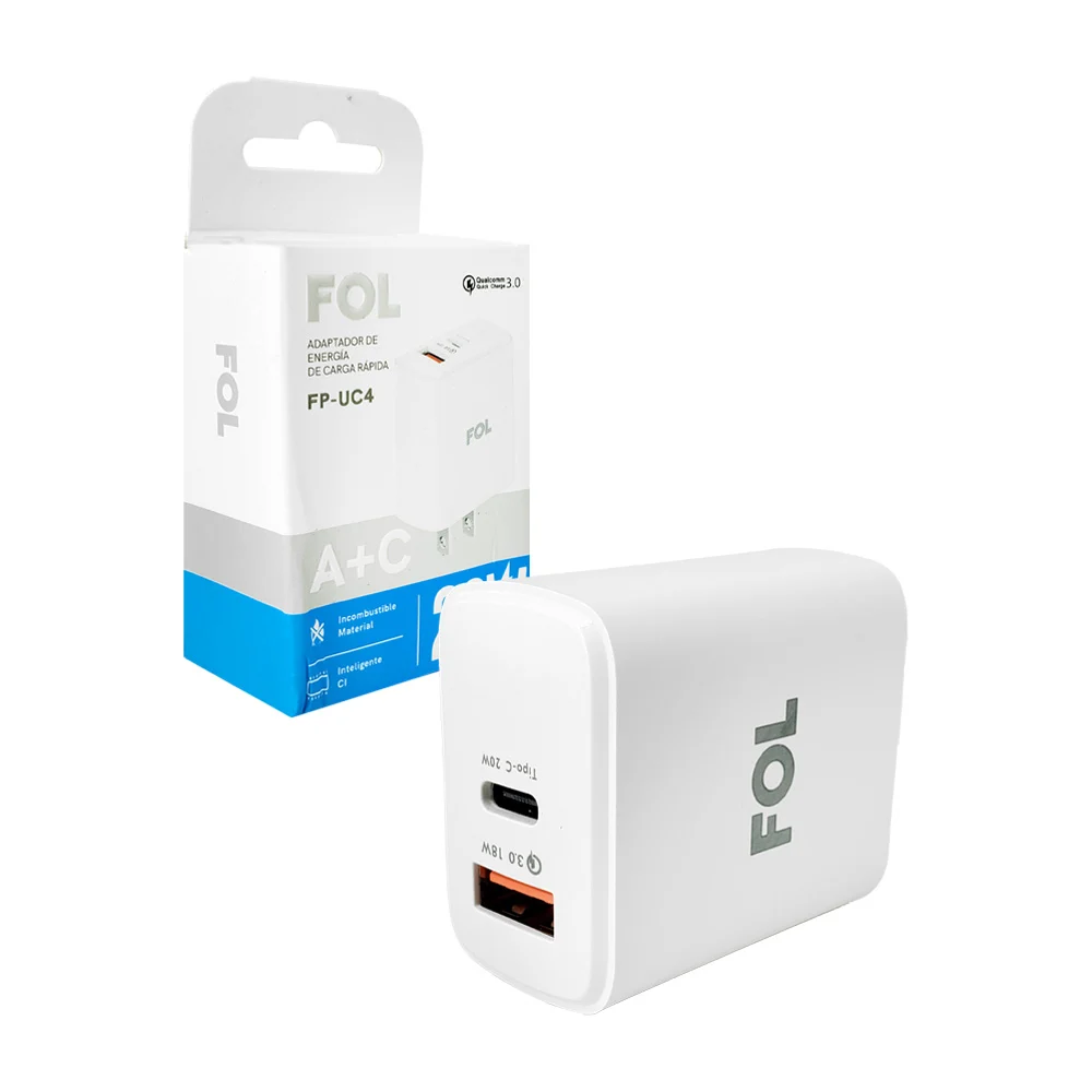 Cubo cargador fol con puerto usb y tipo c de carga rápida, 20w / fp-u…