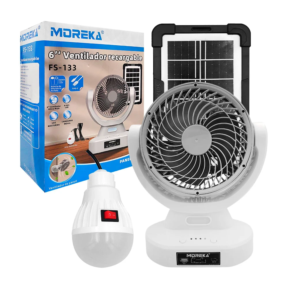 Ventilador moreka de 6 pulgadas con entrada usb, tipo c, foco led, pa…