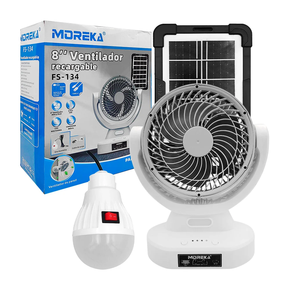 Ventilador moreka de 8 pulgadas con entrada usb, tipo c, foco led, pa…
