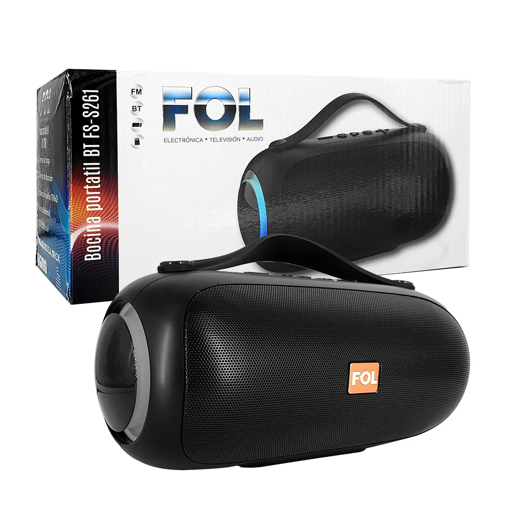 Bocina cilíndrica bluetooth fol con luz rgb, asa agarradera + ranuras…