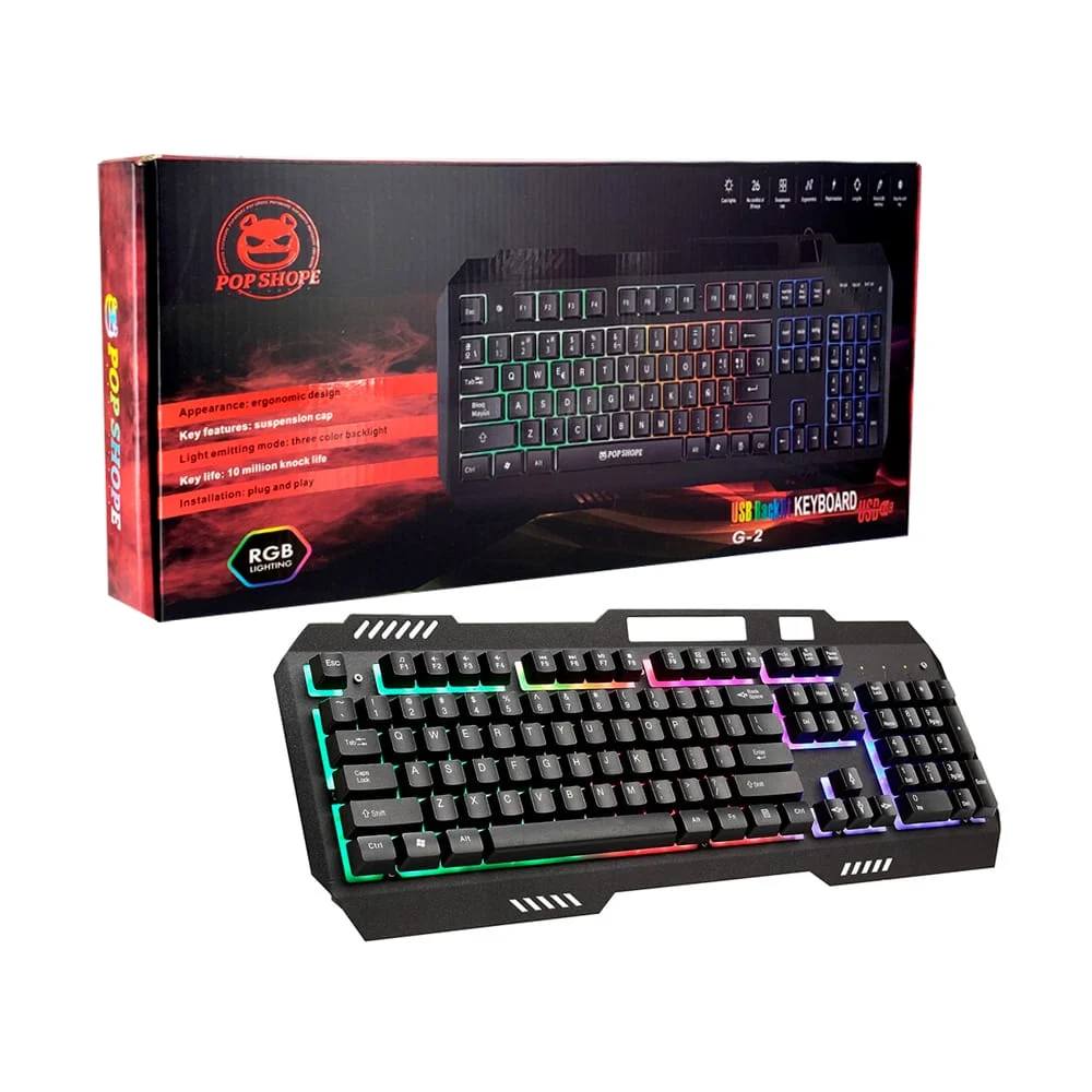 Teclado ergonómico gamer pop shope con luces rgb, teclas antideslizan…