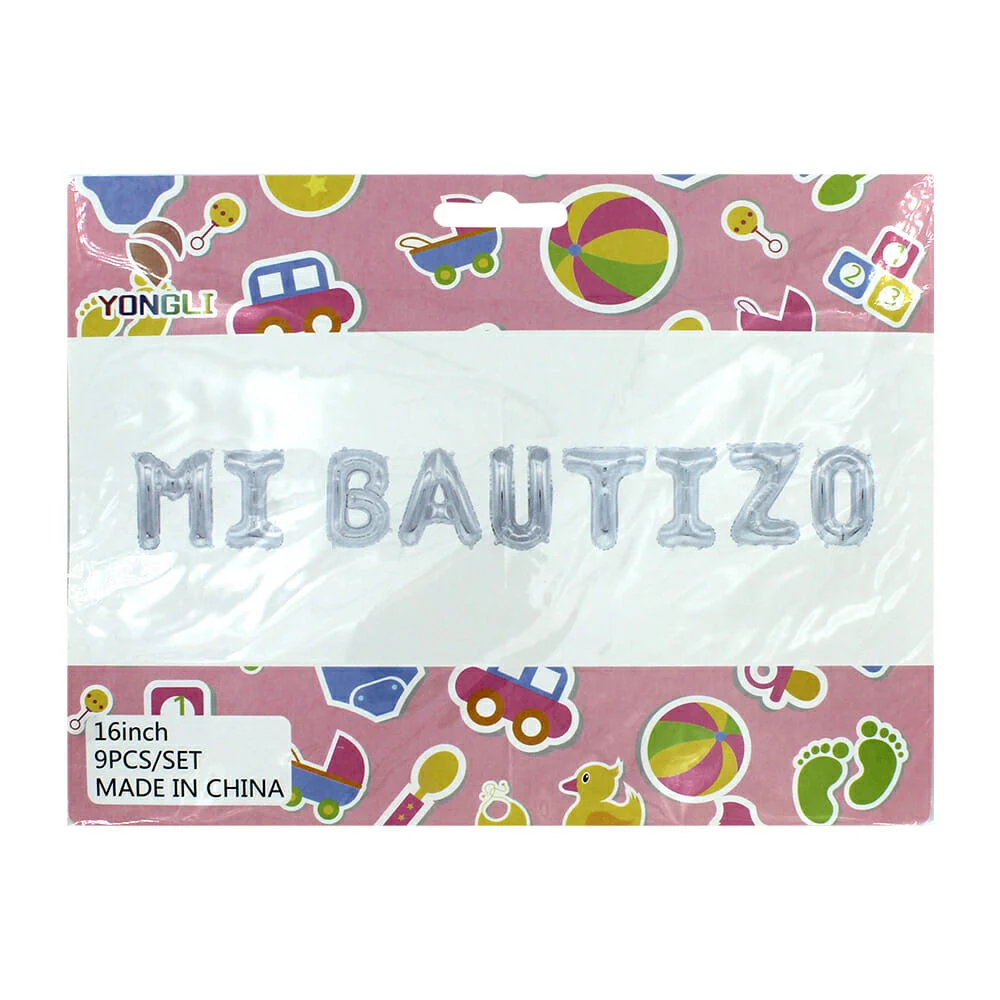 Set de globos en tono metálico, con la frase "Mi bautizo", variedad d…