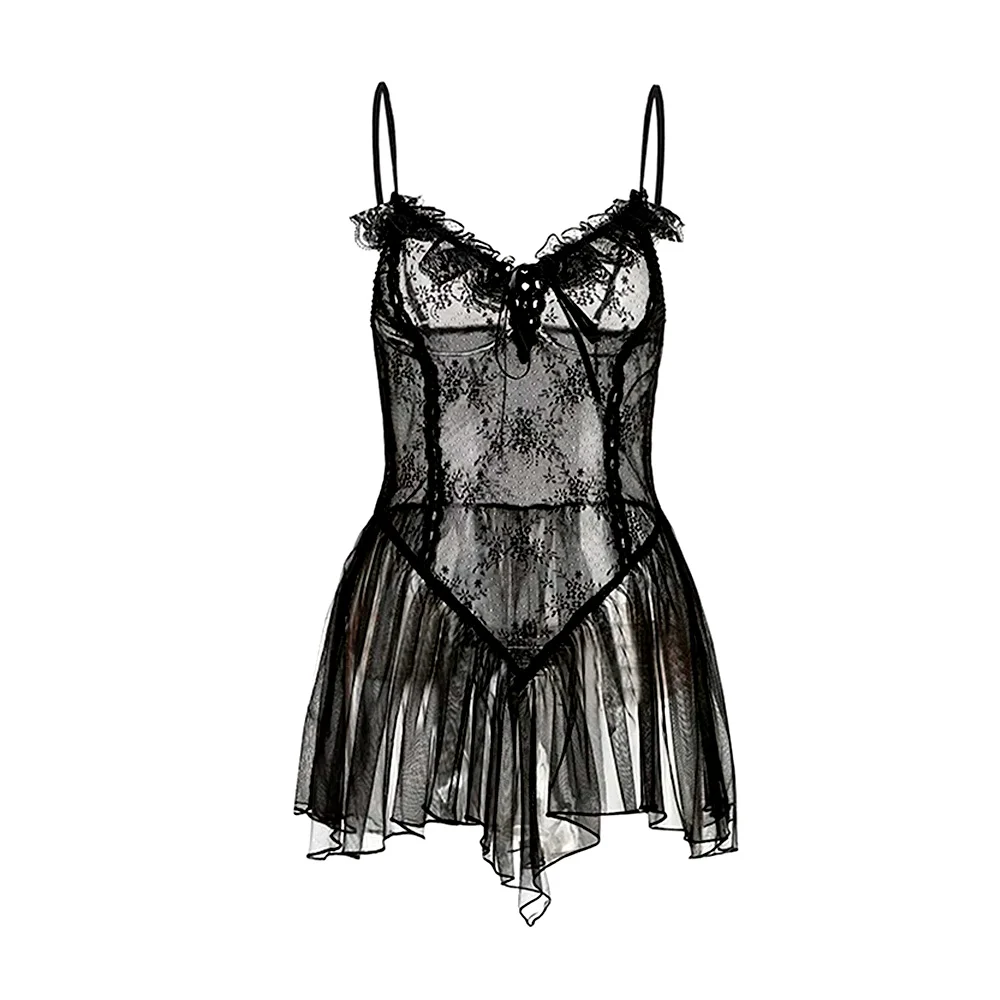 Conjunto de lencería, con vestido tipo babydoll y tanga, con detalles en encaje y olanes / qiaofeiniu