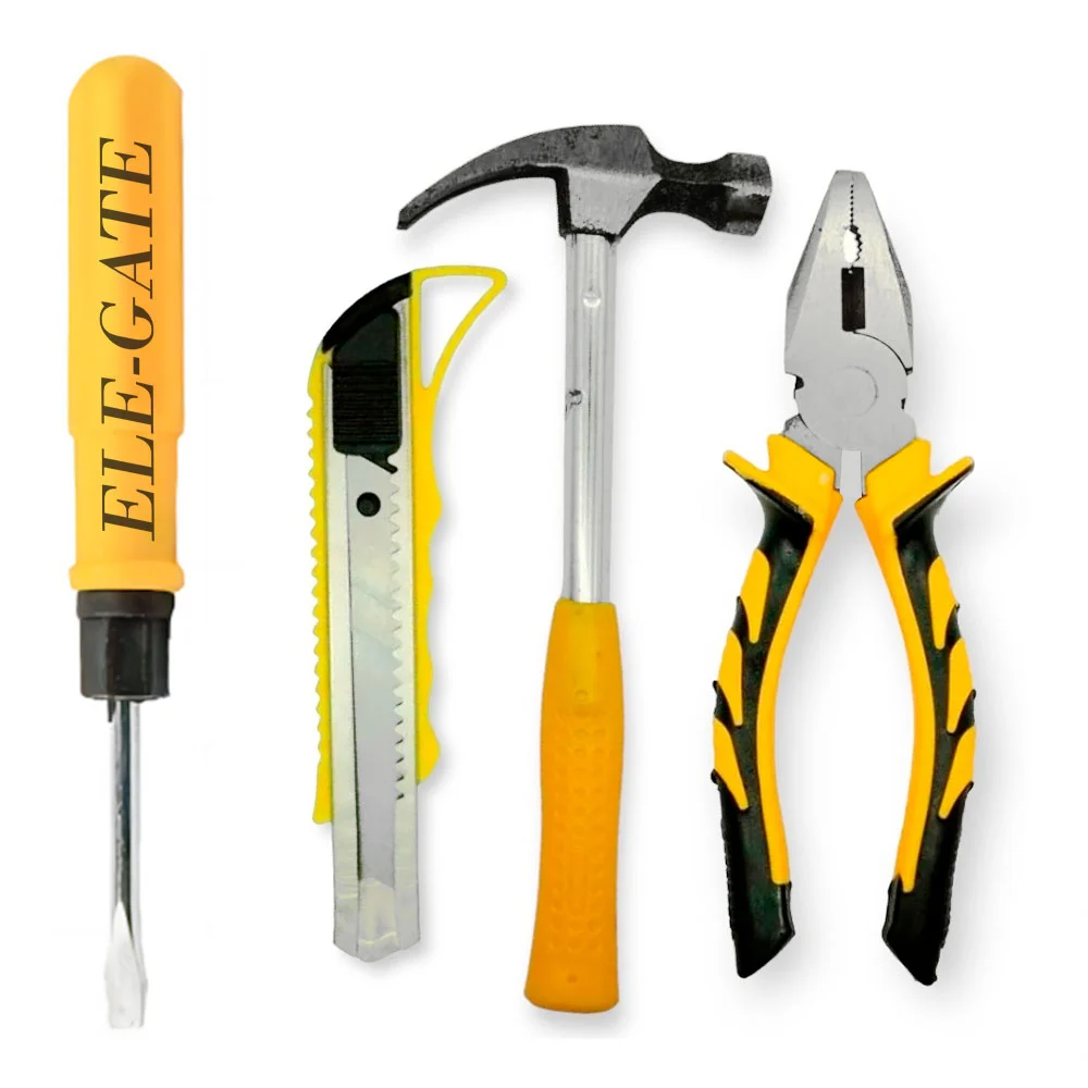 Kit de herramientas con desarmador plano, cutter, martillo y pinzas /…