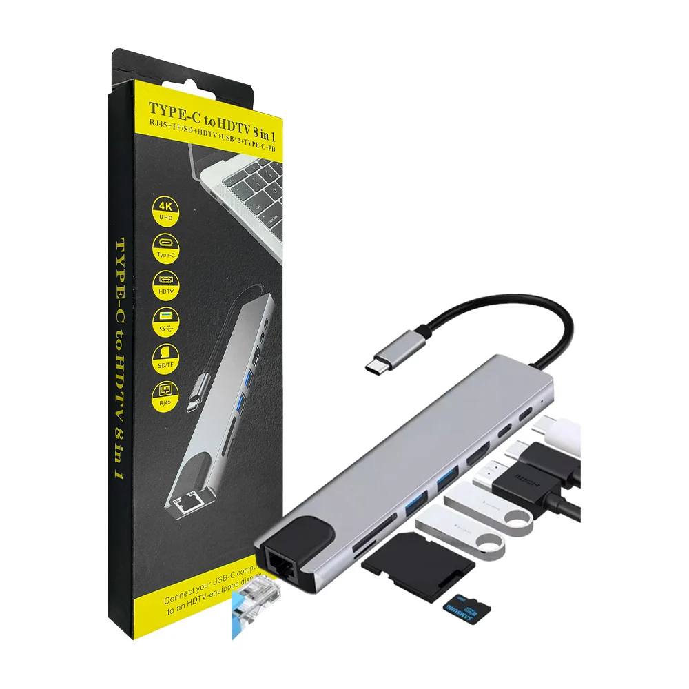 Hub adaptador 8 en 1 con entradas tipo c, puertos usb, hdmi, ethernet…