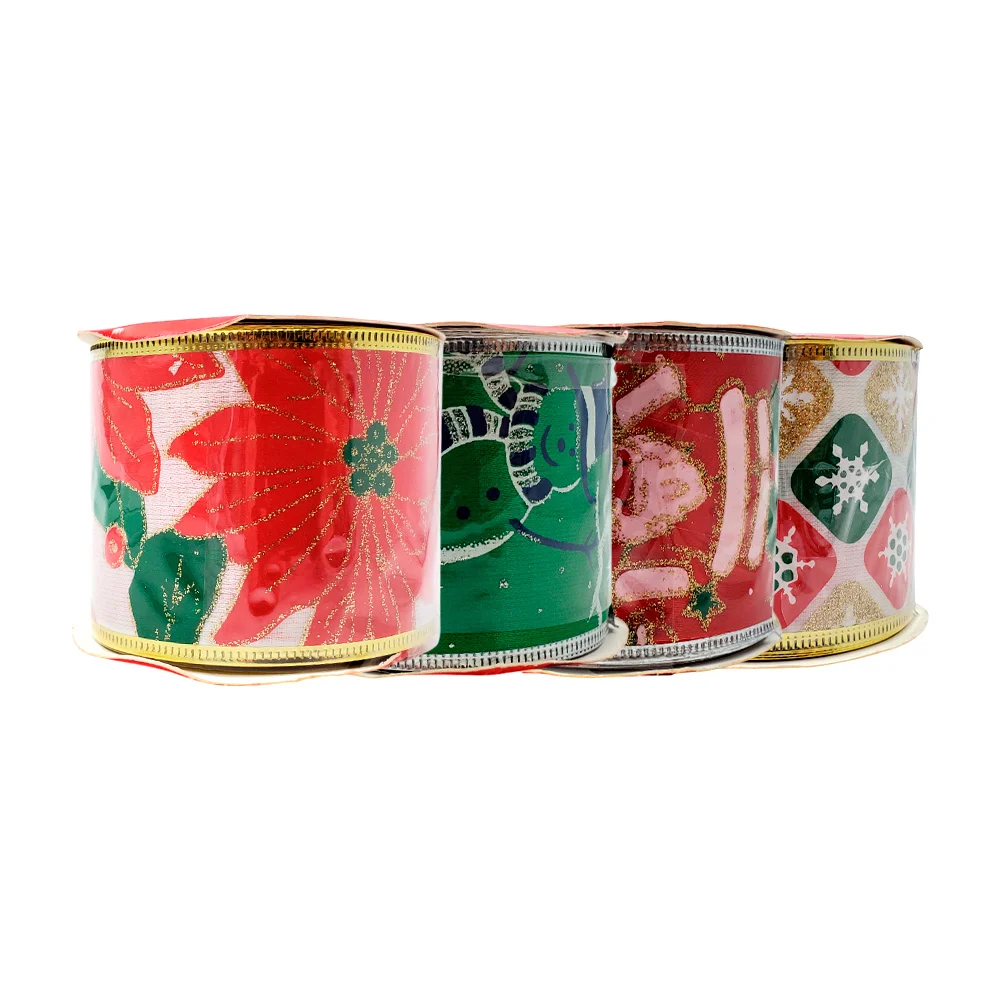 1pza Rollo de listón navideño con orilla de alambre, diseño diamantad…