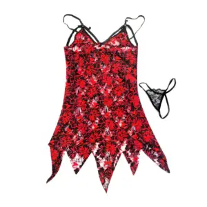 Lencería tipo falda baby doll color rojo negro con diseño de rosas fl…