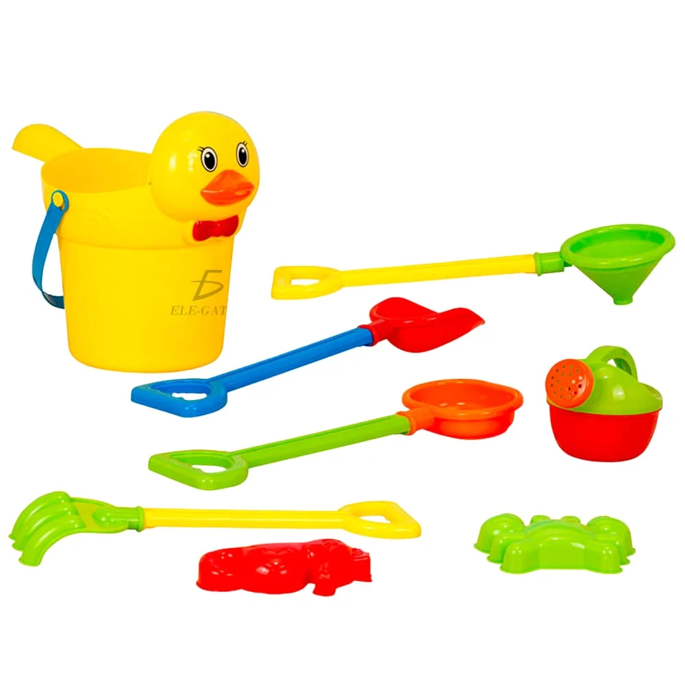 Set de playa con cubeta en forma de patito, 4 palas diferentes, regad…