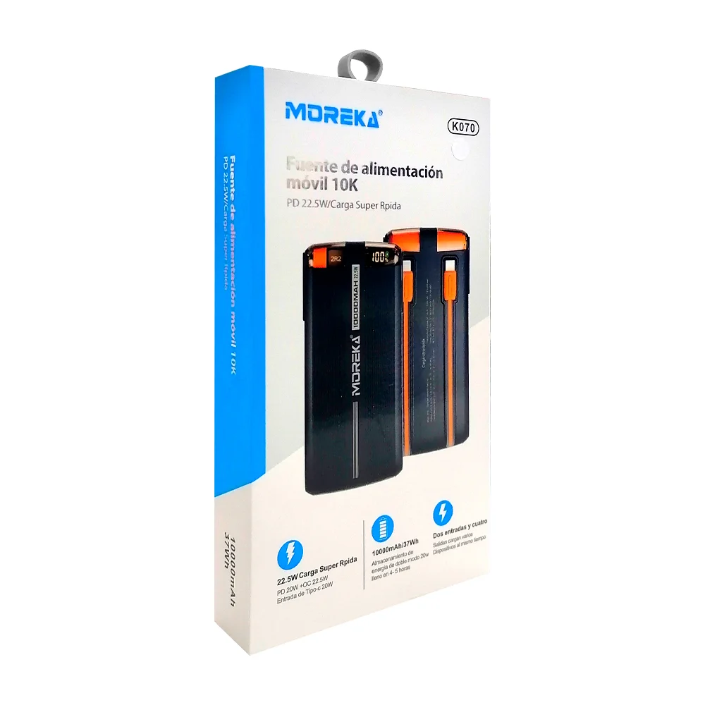 Power bank / batería portátil moreka con cable tipo c y lightning, va…