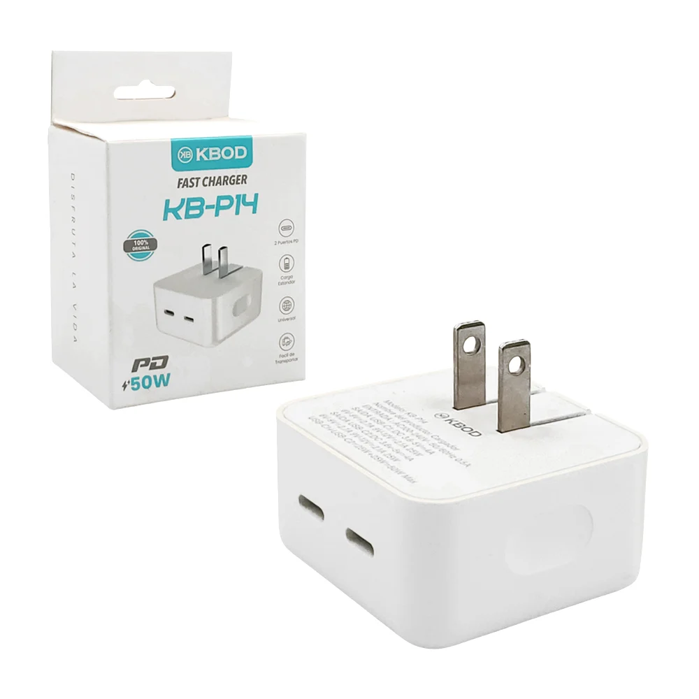 Cubo cargador, dos puertos tipo c, carga rápida, 50w / kb-p14