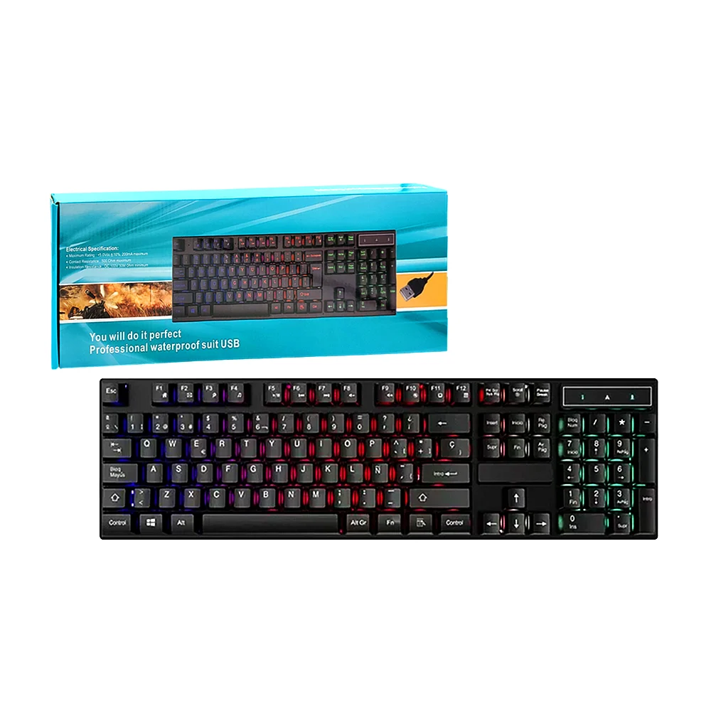 Teclado alámbrico de membrana con luz rgb teclas ergónomicas, conexió…