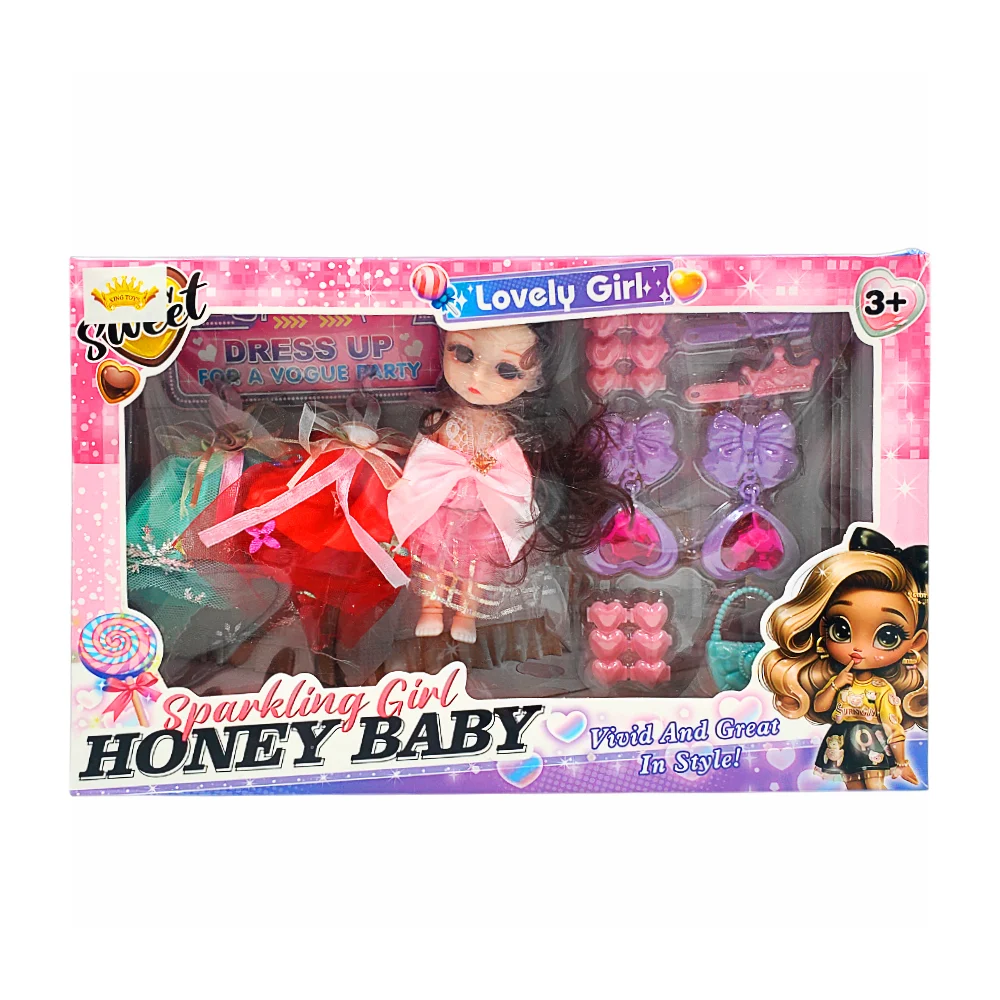 Set con pequeña muñeca articulada + 3 vestidos intercambiables, bolsa…