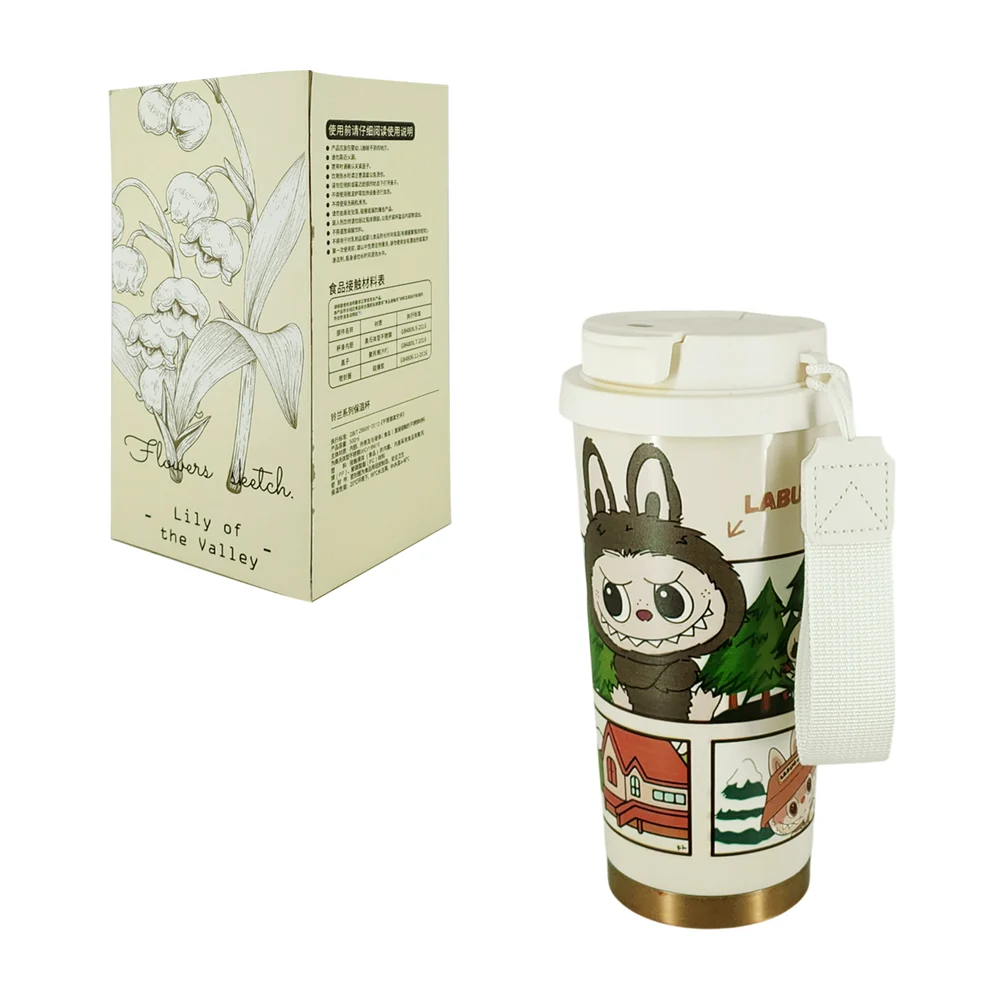 Vaso termo de acero inoxidable con tapa, popote y estampado de labubu…