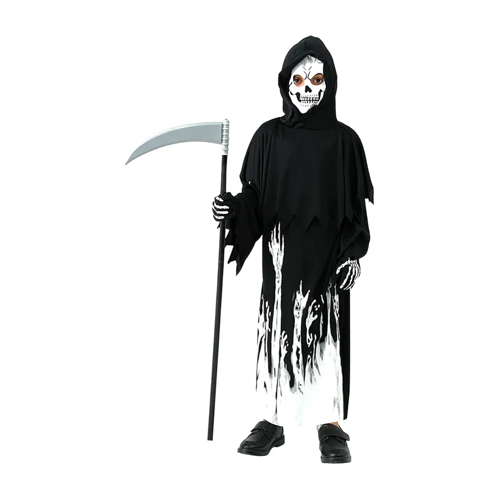 Kit con disfraz de la muerte para halloween con hacha y guantes, efecto neón 110x50cm / lu3086