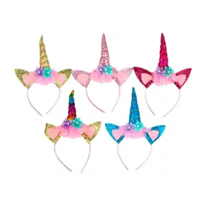 1pza Diadema de unicornio con luz led y 2 flores, variedad de colores