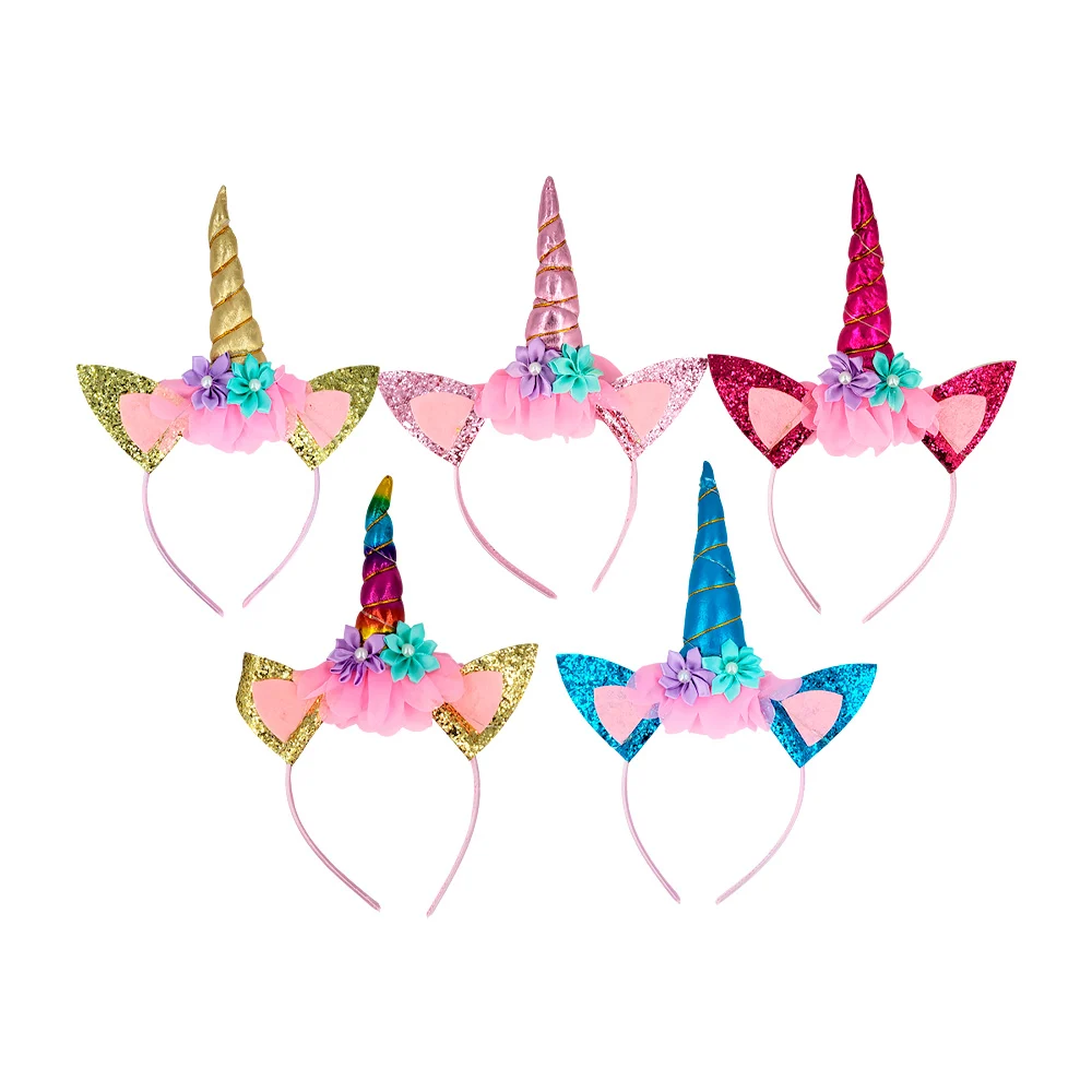 1pza Diadema de unicornio con luz led y 2 flores, variedad de colores