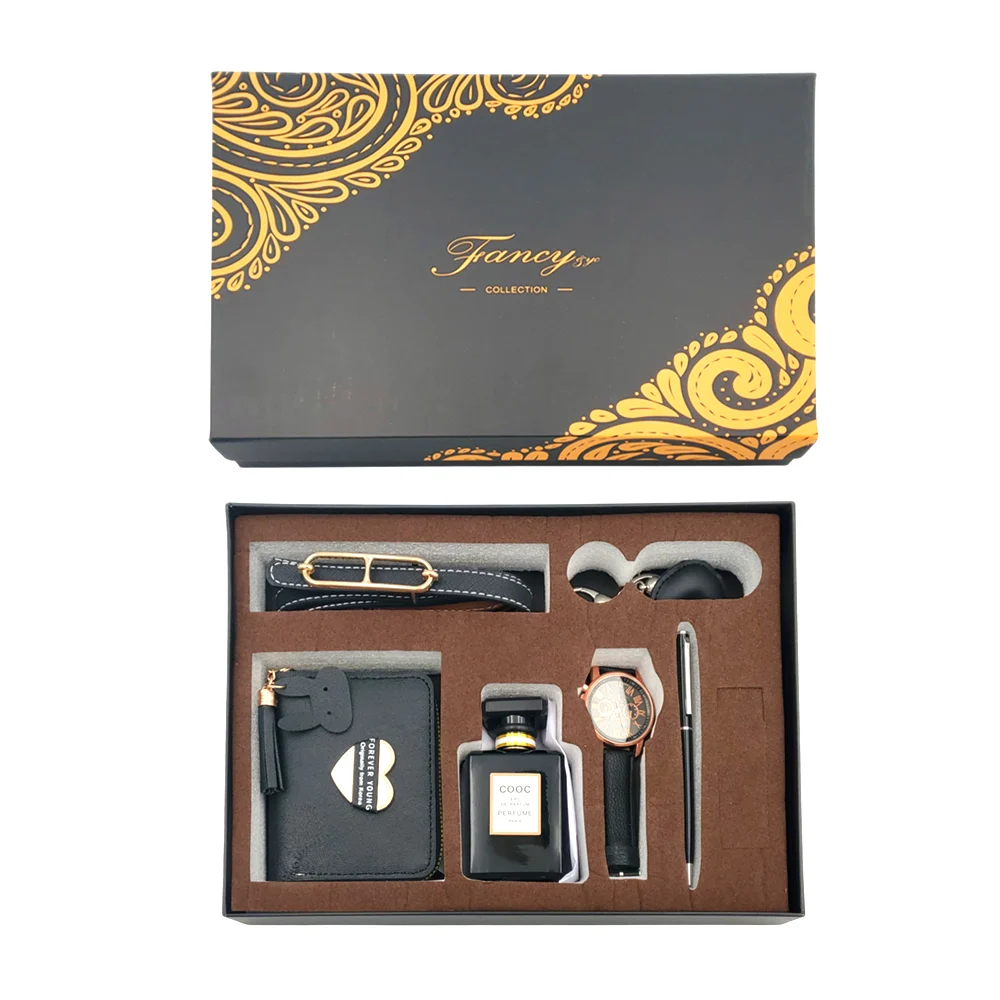 Kit de regalo para dama con cartera, cinturón, reloj de mano, llavero…