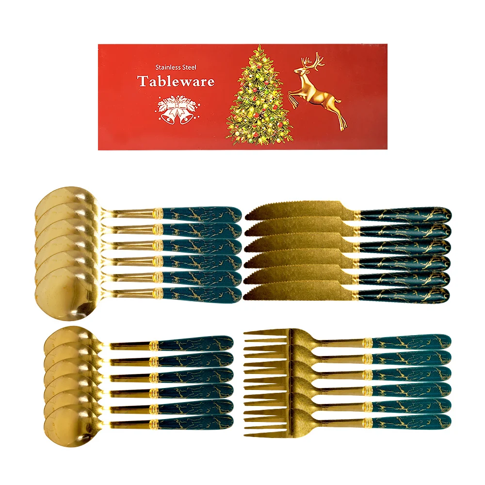 Set de 24 cubiertos dorados con verde - 6 cucharas, 6 cucharas cafete…
